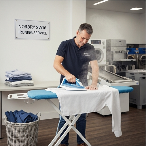 Professional staff member providing expert ironing service at The Big Wash Norbury SW16 location, pressing white shirt with steam iron on ironing board with folded garments nearby